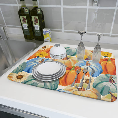Giwawa Fall Dish Drying Mat 18"x24" Watercolor Autumn Teal Blue Orange Pumpkins Sunflowers Dish Drainer Mats Large Thanksgiving Harvest Microfiber Dish Drying Pad Kitchen Countertop Decor