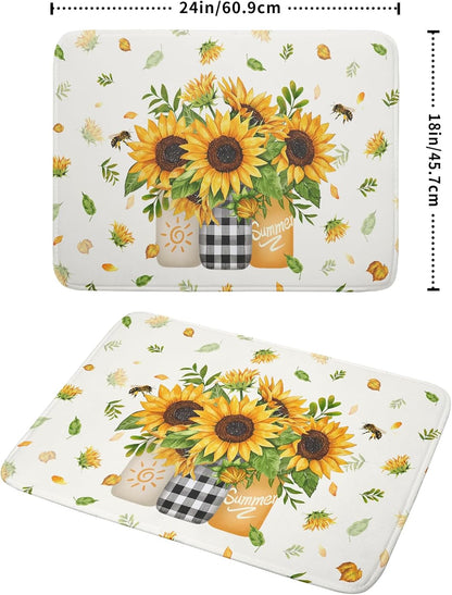 Giwawa Sunflower Vases Dish Drying Mat for Countertop, 18"x24" Summer Bee Floral Mason Jar Dish Drainer Mats, Fast Dry Microfiber Reversible Large Dish Drying Pad Kitchen Decoration