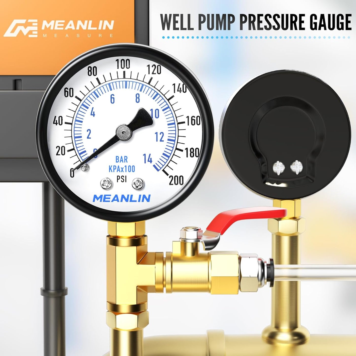 MEANLIN MEASURE 0-200Psi 2" DIAL FACE 1/4" NPT Well Pump Pressure Gauge, with 1/2" NPT and 3/8" NPT Hex Bushing, 3-2-3% Accuracy, Lower Mount