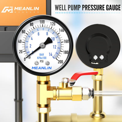 MEANLIN MEASURE 0-200Psi 2" DIAL FACE 1/4" NPT Well Pump Pressure Gauge, with 1/2" NPT and 3/8" NPT Hex Bushing, 3-2-3% Accuracy, Lower Mount