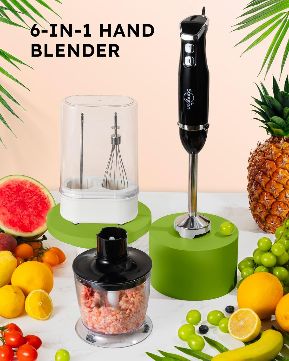 Sangcon 6-in-1 Immersion Blender Handheld, Hand Blender with Chopper & 34oz Blending Cup Storage Base, 2-Speed Adjustable Stick Blender,Stainless Steel Blades, Detachable Blender, Whisk, Milk Frother