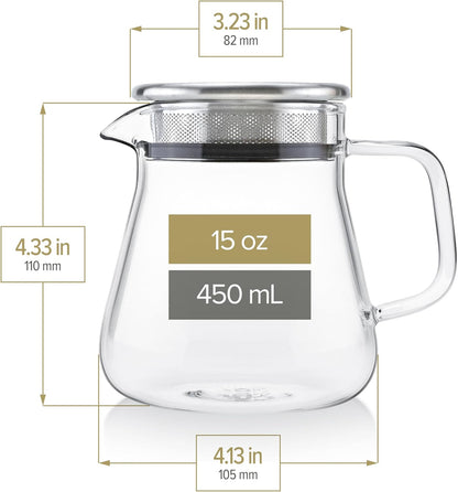 Teabloom One-Touch Tea Maker, 2-in-1 Teapot and Kettle with Stainless Steel Filter Lid for Loose Tea – Stain-free Borosilicate Glass Tea Pot (15 Oz) – Tea Connoisseur's Choice