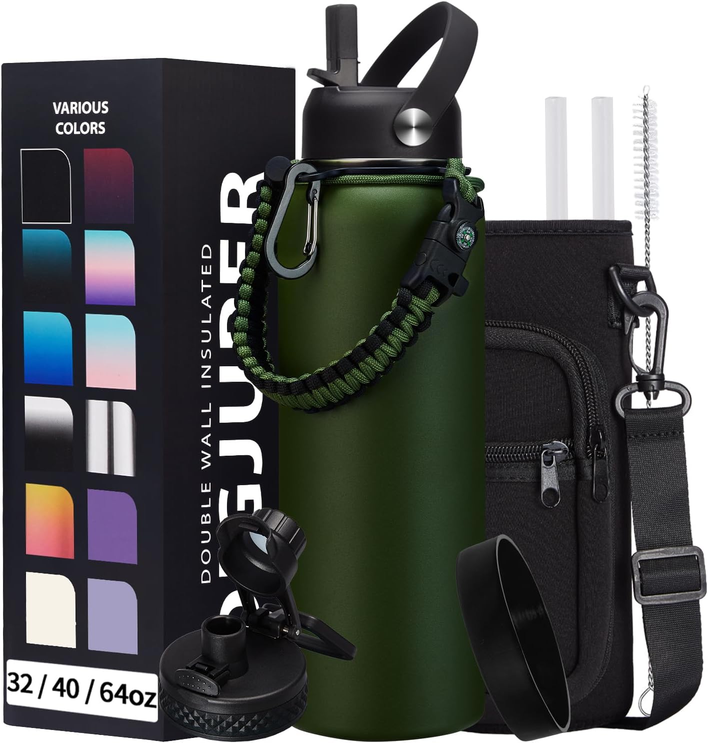 40OZ Water Bottle Stainless Steel - Cold-48H & Hot-24H Vacuum Insulated Water Bottle with Straw & Chug Lid, Strap Carrying Pouch, Paracord Handle & Flask Boot, Thermo Hydro Bottle for Hiking Cycling