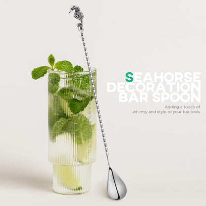 Homestia Cocktail Spoon Bar Stirring Spoon Long Handle Stainless Steel Spiral Pattern Cocktail Mixing Shaker Tool, 12'' Bar Spoons for Professional Home Use Weighted Octopus Seahorse End (Set of 2)