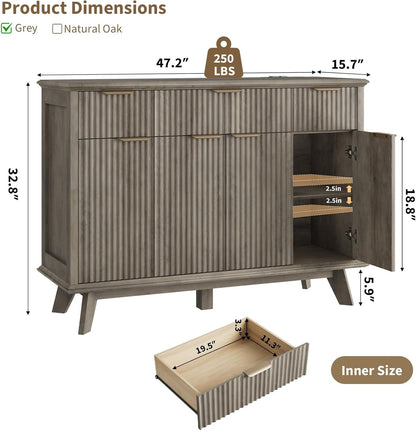 QUW Fluted Sideboard Buffet Cabinet with Charging Station, 47.2" Kitchen Storage Cabinet with Drawers and Adjustable Shelves, Modern Coffee Bar Kitchen Table for Dining Room, Living Room, Grey