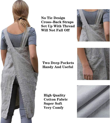 YESDOOD Cotton Linen Apron Cross Back Apron for Womens with Pockets Pinafore Dress for Baking Cooking