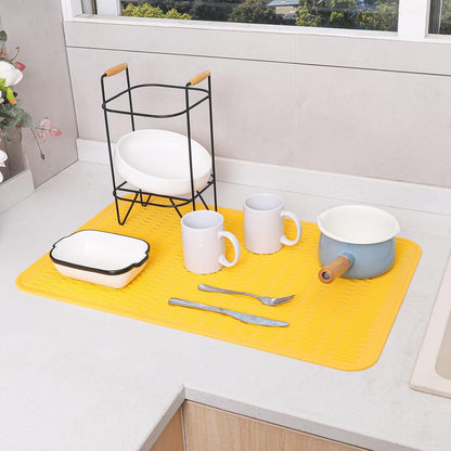 Silicone Dish Drying Mat for Multiple Usage,Easy clean,Eco-friendly,Heat-resistant Silicone Mat for Kitchen Counter or Sink,Refrigerator or Drawer Liner Yellow 3XL 28 inches x 18 inches