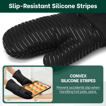 Beneno Kitchen Oven Mitts 2-Pack Heat Resistant to 500°F with Non-Slip Silicone Grip, Extra Long 14.3" Forearm Protection, Soft Quilted Cotton Terry Lining, Ideal for Cooking, Baking, Grilling, Black