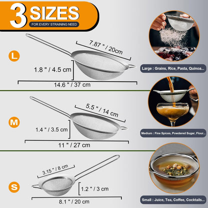 Anaeat Fine Mesh Strainers - Premium Stainless Steel Colander Sieve Sifters, with Durable Mesh and Sturdy Handle, Excellent for Sifting Dry ingredients, Flour, Pastas, Rice, Tea (3.15"+5.5"+7.87")