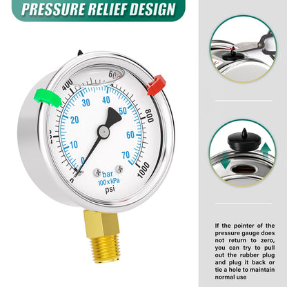 0-1000PSI Stainless Steel Liquid Filled Pressure Gauge, 2.5" Dial Size, 1/4" NPT Lower Mount, for Tube, Water Pump, Gas, Liquid, Pressure Test (with Range Mark Pointer)