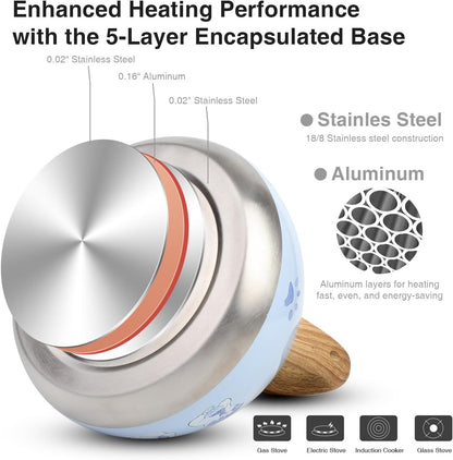 Tea Kettle, Toptier Teapot Whistling Kettle with Wood Pattern Handle Loud Whistle, Food Grade Stainless Steel Tea Pot for Stovetops Induction Water Kettle, 2.7-Quart Blue Cat