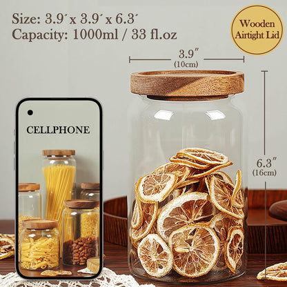 Labina Glass Storage Container Airtight Food Jars Kitchen Canister with Wood Lids, 33 Oz Wide Mouth Pantry Organization Glass Jar for Flour, Sugar, Cookie, Spagetti, Nuts and Candy