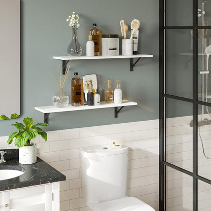 DINZI LVJ Long Wall Shelves, 24 Inch White Floating Shelves Set of 2, Easy-to-Install, Wall Storage Ledges with Sturdy Metal Brackets for Living Room, Bathroom, Bedroom, Kitchen, White