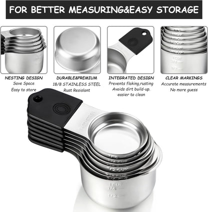 Magnetic Measuring Cups and Spoons Set Stainless Steel Stackable 7 Magnetic Metal Measuring Cup 8 Magnetic Measuring Spoon with Leveler for Dry Liquid Ingredient