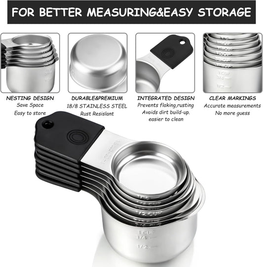 Magnetic Measuring Cups and Spoons Set Stainless Steel Stackable 7 Magnetic Metal Measuring Cup 8 Magnetic Measuring Spoon with Leveler for Dry Liquid Ingredient