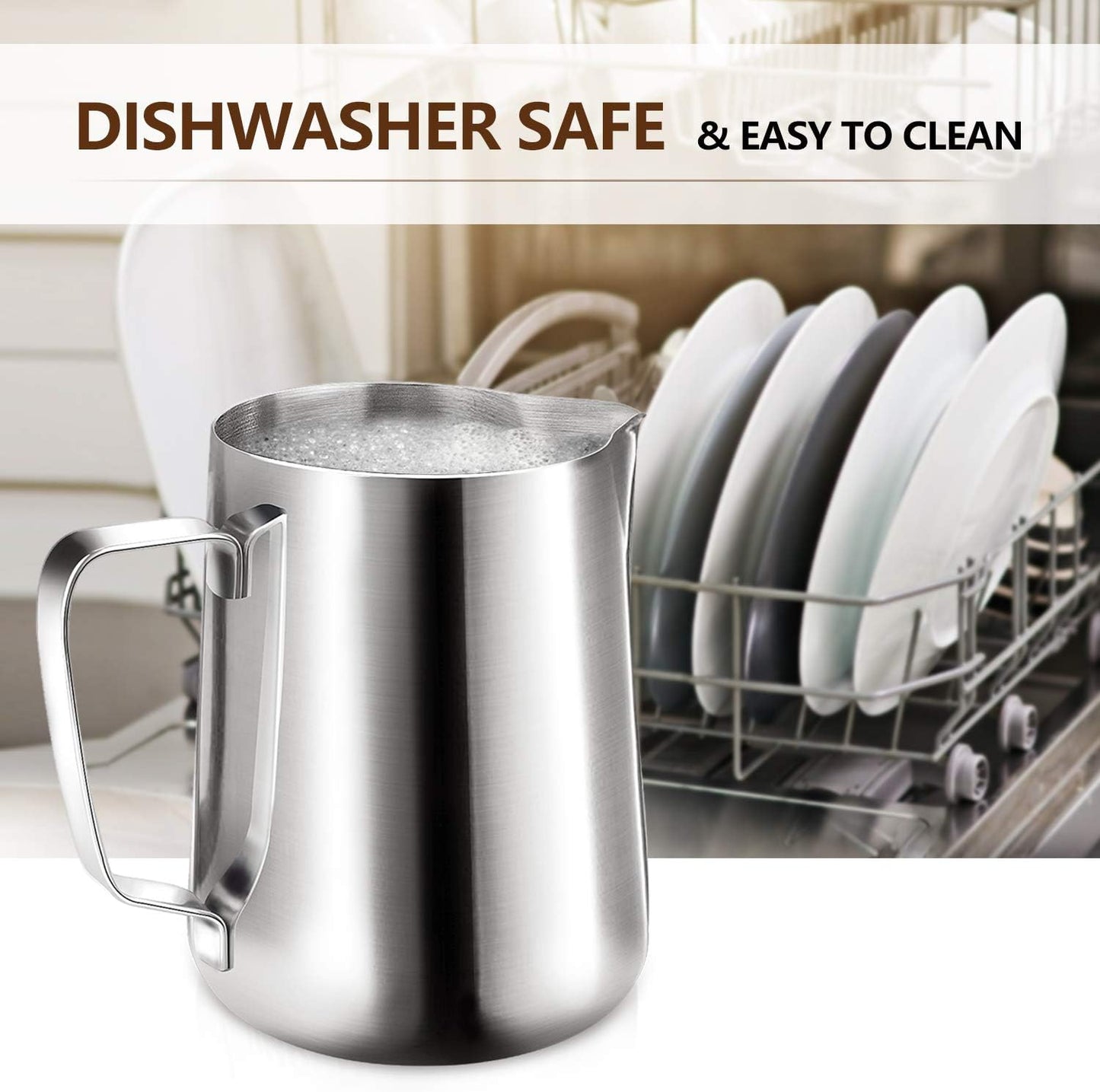 HOOMIL Milk Frothing Pitcher, 32oz/900ml Stainless Steel Steaming Pitcher Barista Milk Frother Cup Jug for Espresso Machine Coffee Cappuccino Latte Art - Silver