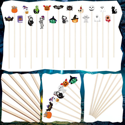 Mifoci 100 Pcs Halloween Wooded Coffee Stirrers Wood Cocktail Coffee Stir Sticks Disposable Swizzle Sticks for Thanksgiving Halloween Party Supplies, 20 Styles