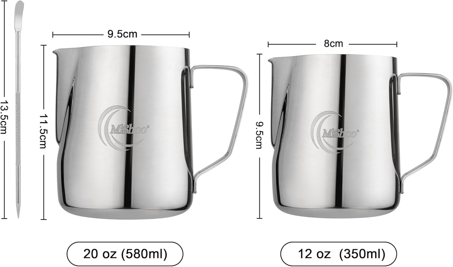 MiShoo® Milk Frothing Pitcher, 20oz Steaming Pitcher 304 Stainless Steel Espresso Machine Accessories for Coffee Bar, Cappuccino Barista Tools Milk Jug Steamer Frother Cup with Latte Art Pen
