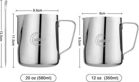 MiShoo® Milk Frothing Pitcher, 12oz Steaming Pitcher 304 Stainless Steel Espresso Machine Accessories for Coffee Bar, Cappuccino Barista Tools Milk Jug Steamer Frother Cup with Latte Art Pen