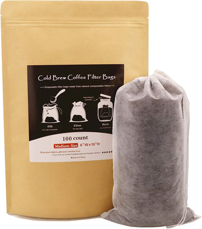 Disposable Cold Brew Coffee Filters - 100 Count Single Use Filter Sock Packs Sturdy Fine Mesh Brewing Bags for Concentrate, Iced Coffee Maker, French/Cold Press Kit, Tea in Mason Jar, 6'' x 10''