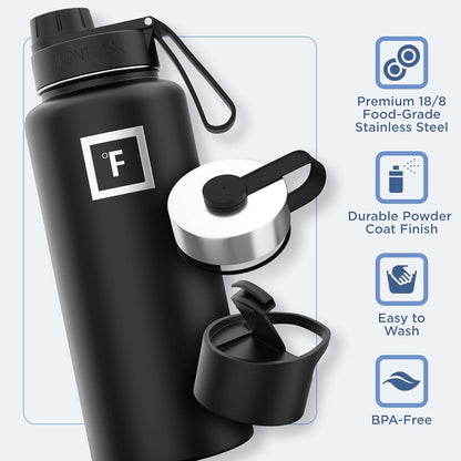 IRON °FLASK Camping & Hiking Hydration Flask with 3 Lids - Stainless Steel, Double Walled & Vacuum Insulated Water Bottle - Leak Proof & BPA Free (Dark Night, Spout - 32 oz)