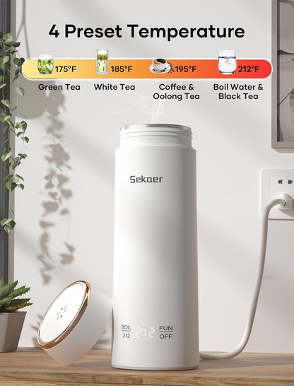 Sekaer Mini Travel Portable Electric Kettle, Small Tea Kettle Hot Water Boiler, 330mL & 304 Stainless Steel, with 4 Variable Presets and Auto Shut-Off, SEK-833
