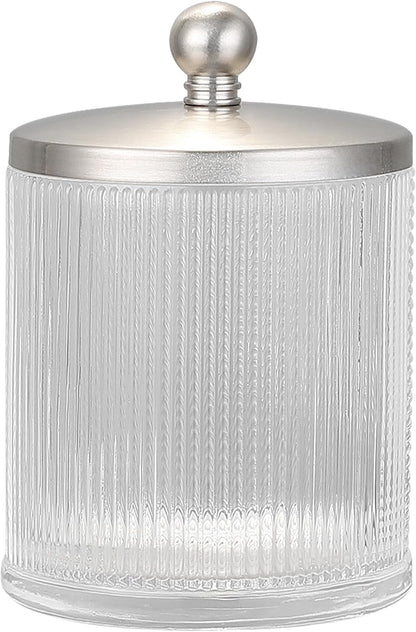 Glass Jar with Metal Lid for Bathroom Organization, Clear Apothecary Jar for Cotton Balls, Q Tips, and Small Accessories, Stylish Bathroom Storage Container Nickel, Clear