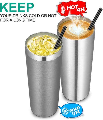 VEGOND Stainless Steel Skinny Tumbler, 20 oz Vacuum Insulated Tumbler with Lid and Straw, Double Wall Coffee Cup, Travel Mug for Cold Hot Drinks, Stainless Steel 1 Pack