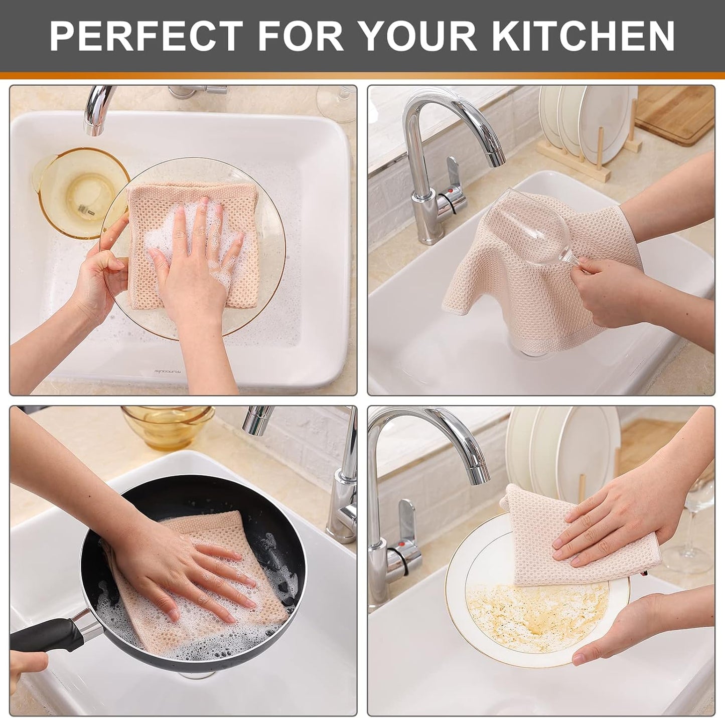 Kitinjoy 100% Cotton Kitchen Dish Cloths, 6-Pack Waffle Weave Dish Towels for Drying Dishes Super Soft Absorbent Quick Drying Dish Rags, 12 X 12 Inches, Beige