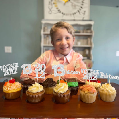 Gyufise 24Pcs 13th Birthday Cupcake Toppers Glitter Thirteen Vintage 2012 Hello 13 Years Birthday Cupcake Picks Official Teenager 13 Cake Decorations for Happy 13th Anniversary Party Silver