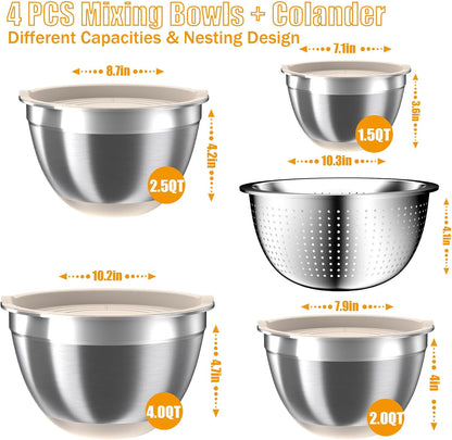 Mixing Bowls with Airtight Lids Set, 4 Stainless Steel Bowls Nesting Bowls & Colander, Kitchen Organizers and Storage Non-Slip Bottom, Size 1.5/2.0/2.5/4.5QT, Great for Mixing & Serving, Khaki