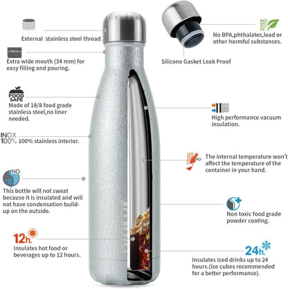 BJPKPK Insulated Water Bottles 17oz, Leak Proof Stainless Steel Water Bottle Keeps Cold for 24H and Hot for 12H, BPA Free,Silver