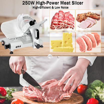 CTJ Commercial Meat Slicer 12" Electric Deli Slicers 250W Meat Cutter Machine (0-0.62") Adjustable Thickness Food Slicer with Cut-Resistant Gloves for Vegetables, Hard Bread, Cheese, Ham