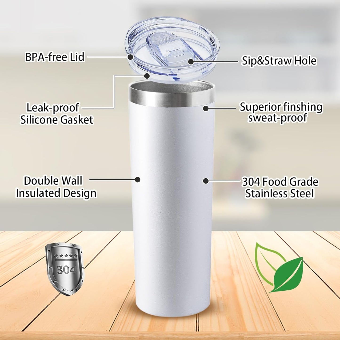 20 oz Skinny Tumblers with Lid and Straw,Stainless Steel Vacuum Insulated Tumbler Cup Double Wall Travel Coffee Mug, Thermal Water Tumbler for Hot and Cold Drinks(White,4)