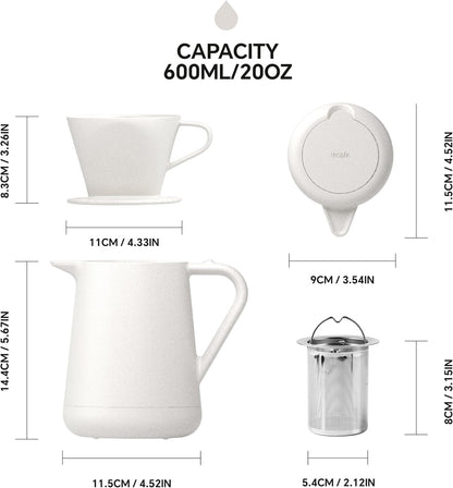 Ideus Insulated Pour Over Coffee Maker 20oz, Stainless Steel Coffee Pot Pour Over Set Camping Coffee Carafe BPA-Free with Dripper for Home, Office & Camping (White)