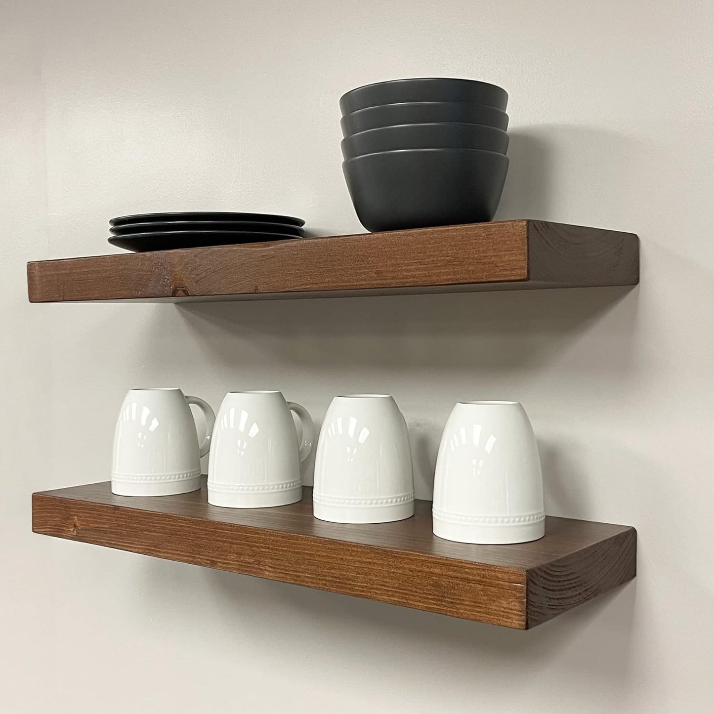 URBANDI, Rustic Floating Shelves, Set of 2, Hidden Bracket, Solid Wood, Heavy Duty, Wall Mounted Shelves, (Provincial, 36Wx8D)