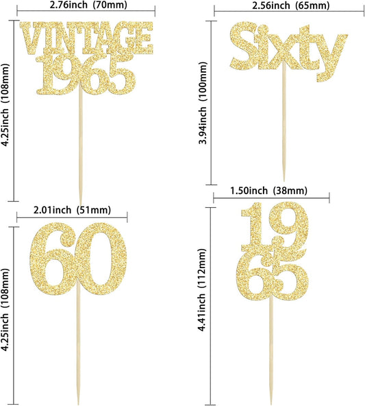 Gyufise 24Pcs 60th Birthday Cupcake Toppers Cheers to 60 Fabulous Sixty Cupcake Picks Vintage 1965 Decorations for 60th Birthday Wedding Anniversary Party Cake Decorations Supplies Gold