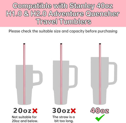 NiHome 12-Inch Heart-Shaped Stainless Steel Drinking Straws for Stanley Tumbler 40oz 10-Pack with 2 Cleaning Brushes, Reusable for Hot & Cold Drinks, Dishwasher Safe, Safe Edges for Kids (Pearl Pink)
