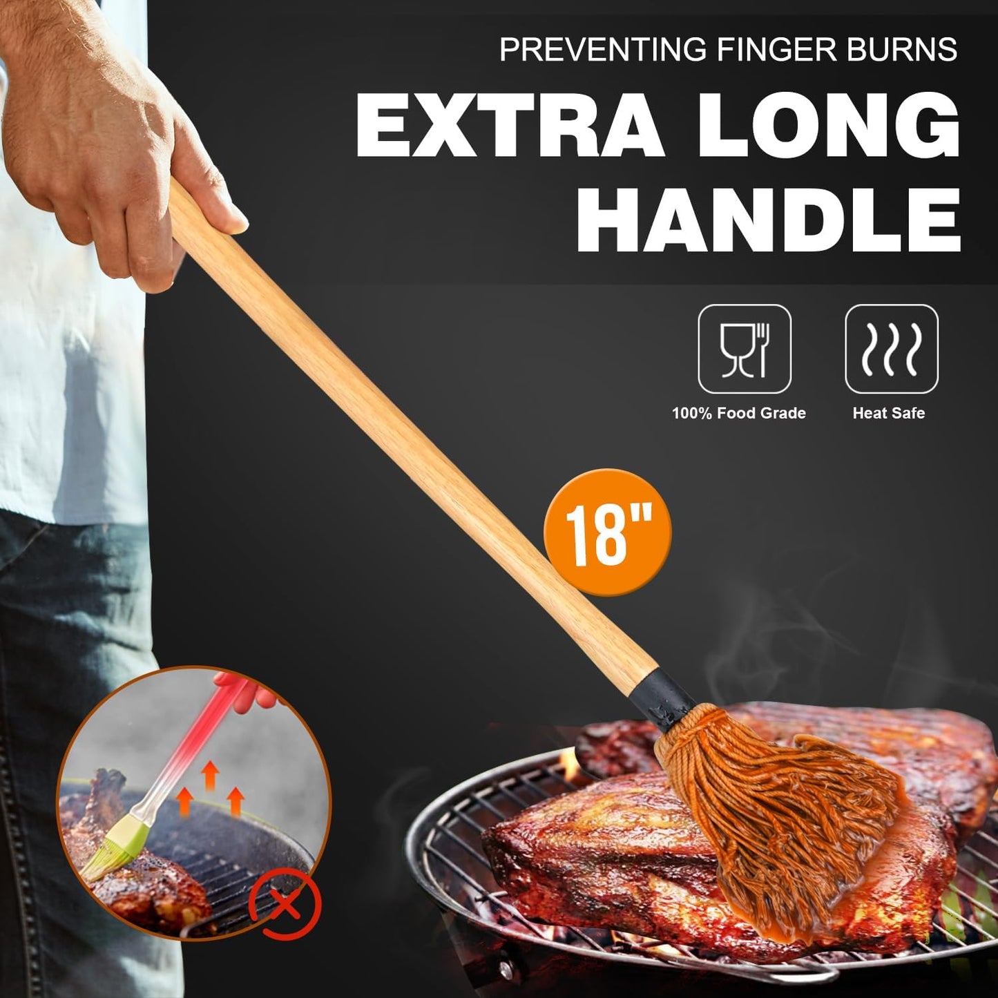 Walfos Basting Brush Silicone and BBQ Mop, Grill Basting Mop with 3 Heads and 2Pcs Pastry Brushes, Wooden Long Handle, Heat Resistant for Grilling, Smoking Steak, Kitchen Cooking (18"）