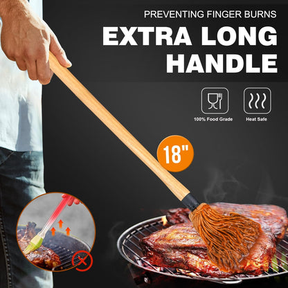Walfos Basting Brush Silicone and BBQ Mop, Grill Basting Mop with 3 Heads and 2Pcs Pastry Brushes, Wooden Long Handle, Heat Resistant for Grilling, Smoking Steak, Kitchen Cooking (18"）