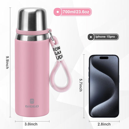 Stainless Steel thermo Bottles with cup 700ml/23.7oz Vacuum Insulated Bottle for hot and cold coffee drink water thermo flask with cup.(Pink,700ml)