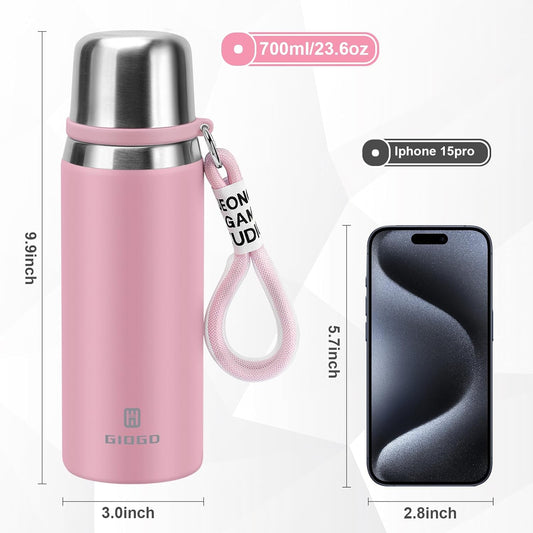 Stainless Steel thermo Bottles with cup 700ml/23.7oz Vacuum Insulated Bottle for hot and cold coffee drink water thermo flask with cup.(Pink,700ml)