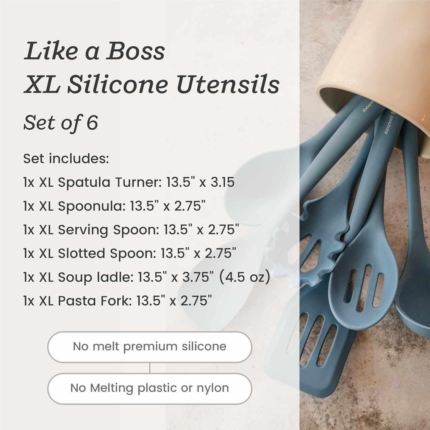 Starpack 'Like a Boss' XL Premium Silicone Cooking Utensils Set (6 Pcs) - Heat Resistant Kitchen Utensils 600°F - Non-Stick Silicone Utensil Set - Large Kitchen Utensils Set for Cooking & Serving