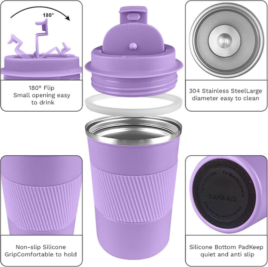 YINBAOGE Insulated Travel Coffee Mug Spill Proof Leak Proof Pobtable To Go Camping Stainless Steel Coffee Tumbler Reusable Coffee Cups with Lids Thermos for Hot and Cold Drink (Purple, 17 OZ)