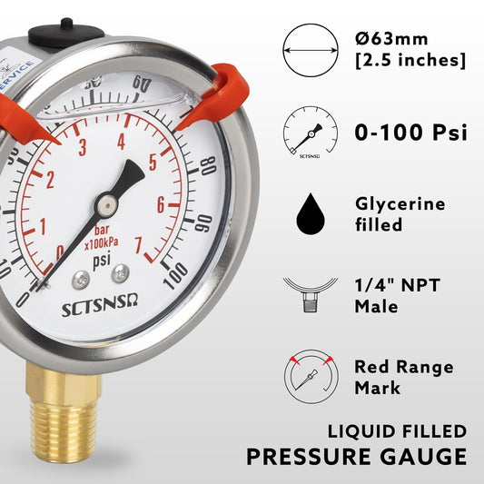 0 to 100 Psi Pressure Gauge, Glycerin Liquid Filled, 2.5 inch Dial, 1/4" NPT Lower Mount, Stainless Steel Case, for Water Pump, Pneumatic Air, Well Tank, RV Hose, Gas, Low Pressure Test