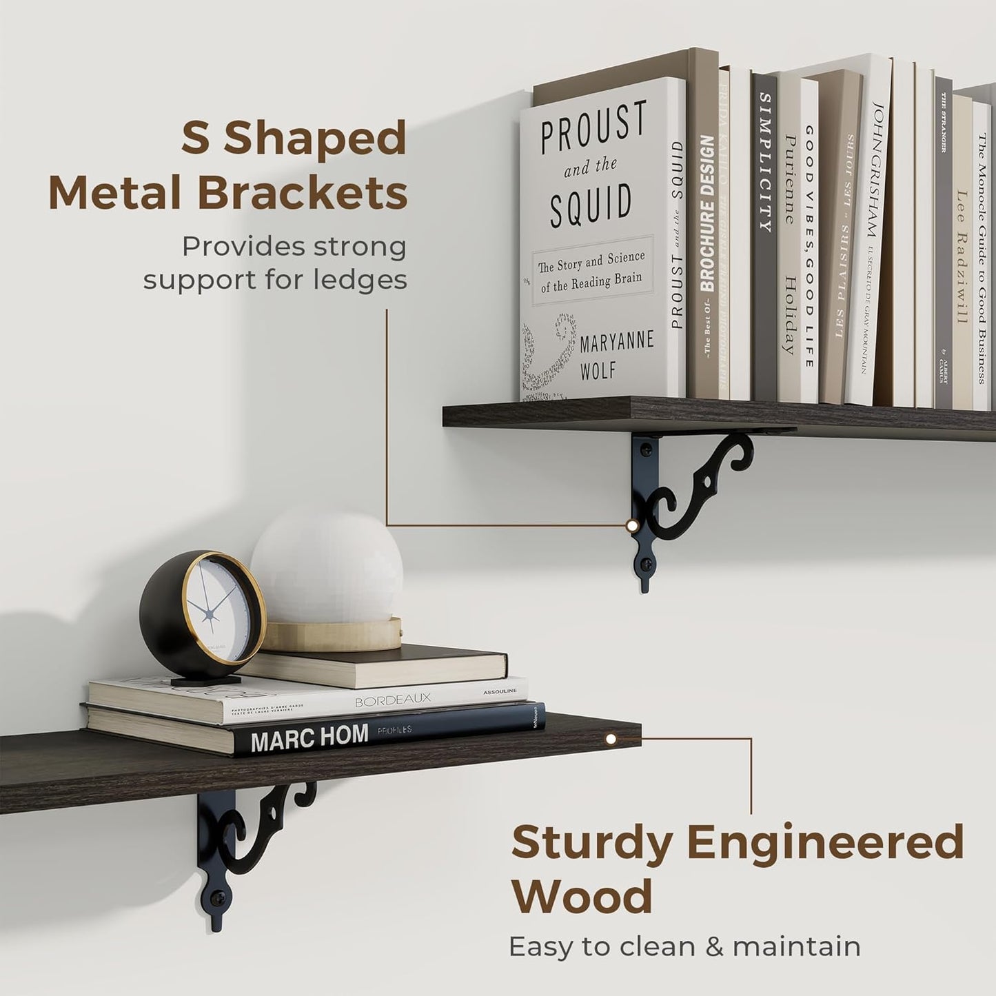 RICHFOCUS Floating Shelves for Wall Decor, 31.5W x 8D Shelves Set of 2, 8" Deep Rustic Wood Floating Shelves Wall Mounted with Metal Brackets, Shelves for Living Room Bedroom Kitchen, Black