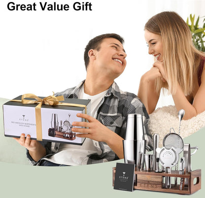 Premium 15-Piece Mixology Bartender Kit – Stainless Steel Cocktail Shaker Set with Wooden Stand | Professional Boston Shaker Bar Tool Set for Home & Expert Mixologists | Luxury Cocktail Making Gift