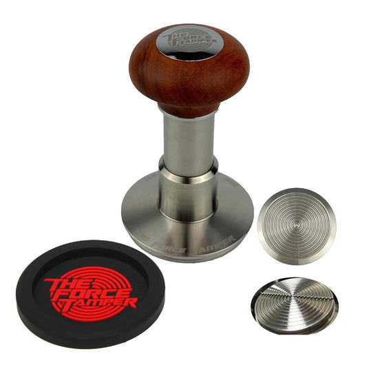 The Force Tamper Automatic Impact Adjustable Constant Pressure and Autoleveling Coffee Tamper Reddish Brown Jellyfish Wooden Handle Set Pro (C-Ripple Distribute Set, 58.50mm)