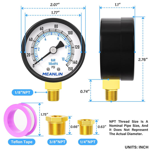 MEANLIN MEASURE 0-150Psi 2" DIAL FACE 1/8" NPT Well Pump Pressure Gauge, with 1/4" NPT and 3/8" NPT Hex Bushing, 3-2-3% Accuracy, Lower Mount