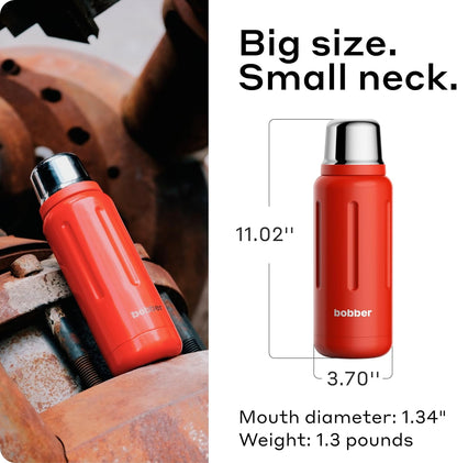 BOBBER 34 oz Stainless Steel Thermos for Tea, Coffee, and Cold Drinks BPA-Free, Dishwasher Safe Vacuum Insulated Water Bottle Keeps Hot for 48 Hours (Red)